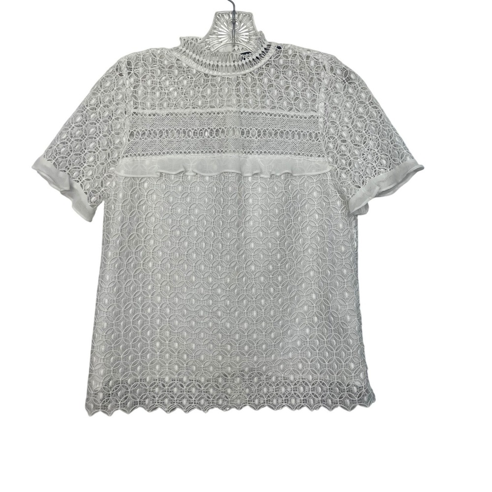 Zara Lace Top Women XS White Short Sleeve Mock Neck Ruffle Boho Chic Blouse